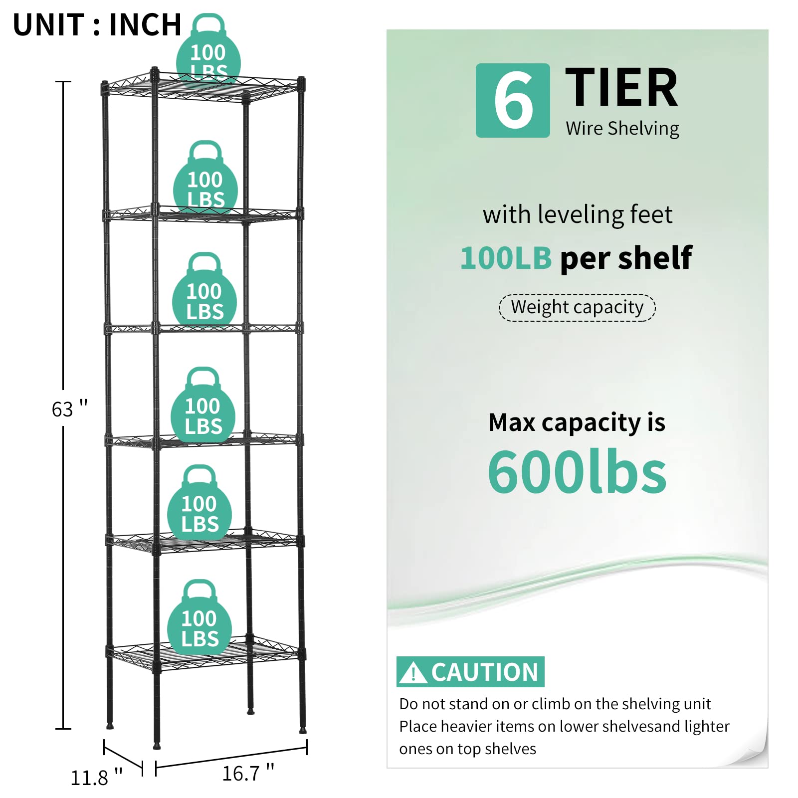 XXkseh 6 Tier Metal Shelf, Heavy Duty Garage Storage Rack, 100lbs Capacity per Shelf, Adjustable Wire Shelves, Black, Floor Mount, 16.7" L x 11.8" W x 63" H