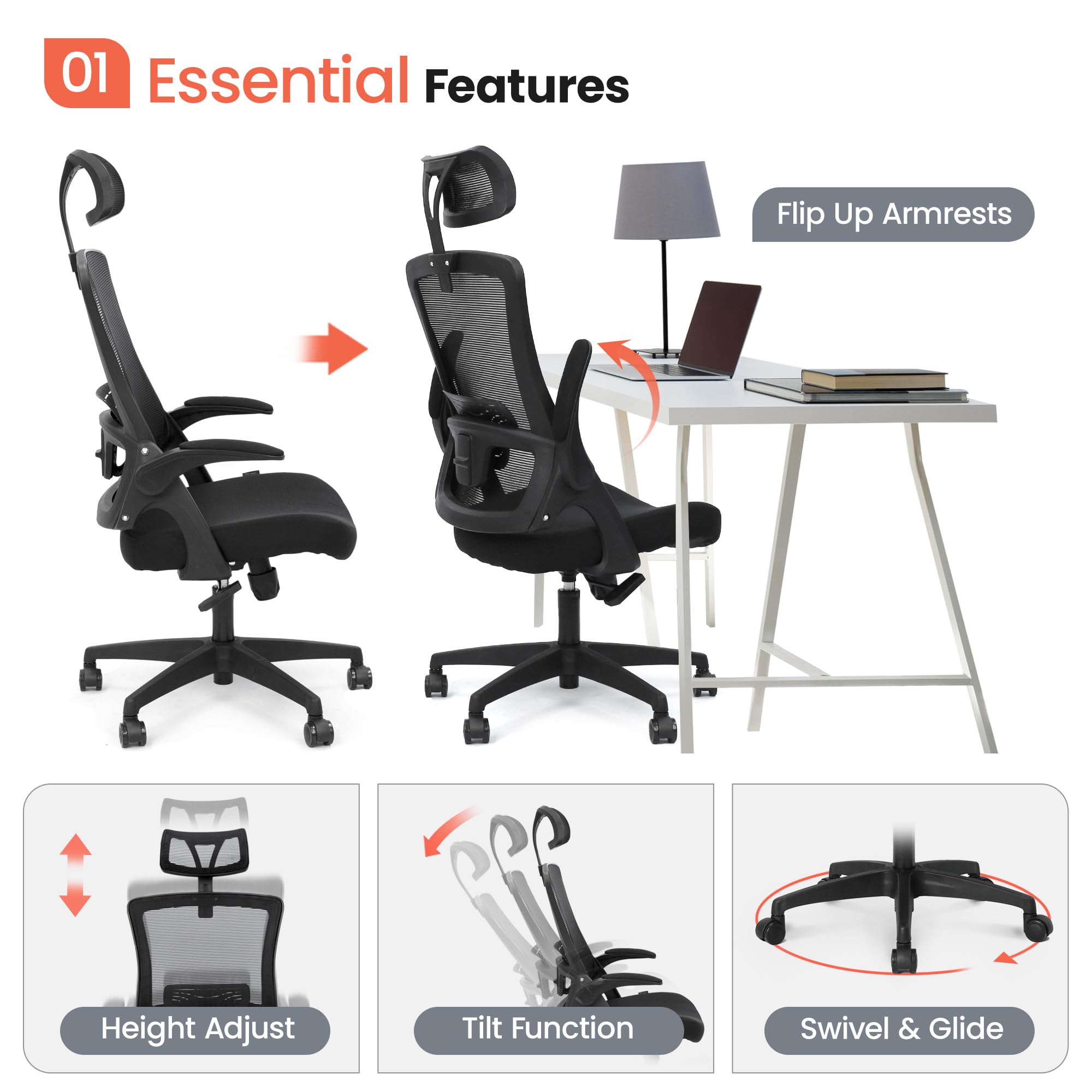 NEO CHAIR Office High Back Mesh Headrest Adjustable Height and Ergonomic Design Home Office Computer Desk Executive Lumbar Support Padded Flip-up Armrest Swivel Chair (Black)