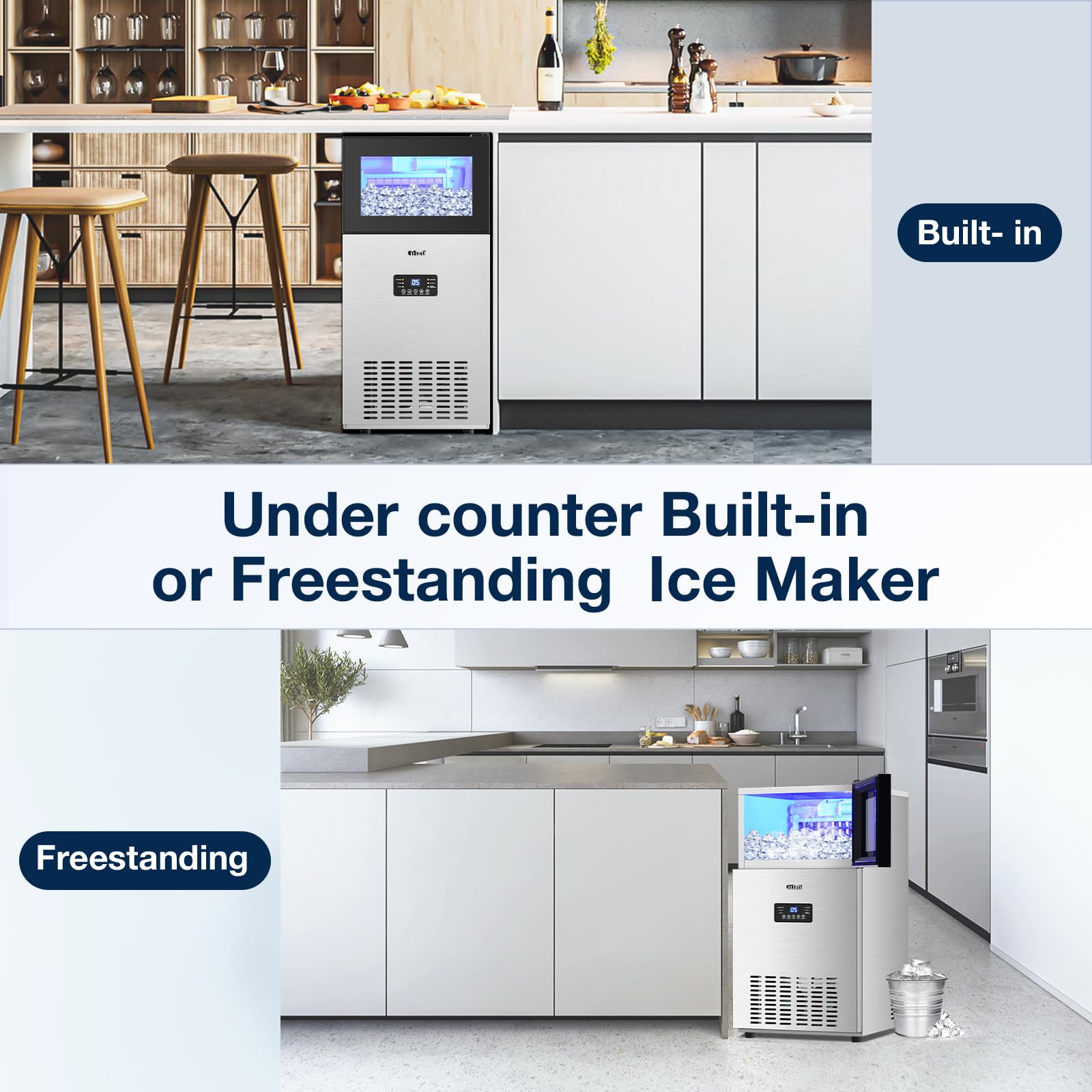 Upgraded Commercial Ice Maker Machine 130LBS/24H with 35LBS Storage Bin,15Inch Wide Ready in 11-20 Mins Under Counter/Freestanding Stainless Steel Gravity Drainage Large Ice Machine