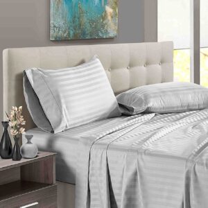 British-Linen Sheet Sets 5 Piece Cotton Sheets 18" Deep Pocket & 400TC Sheets Extra Soft and 100% Egyptian Cotton Long Staple Bed Sheets with Duvet Cover - Light Grey Stripe,Full Size.