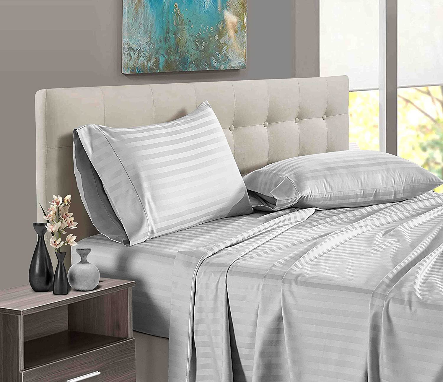 British-Linen Sheet Sets 5 Piece Cotton Sheets 18" Deep Pocket & 400TC Sheets Extra Soft and 100% Egyptian Cotton Long Staple Bed Sheets with Duvet Cover - Light Grey Stripe,Full Size.