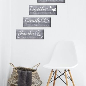 Joyhawk 4 Pieces Wall Decor Signs, THIS IS US, TOGETHER, BLESS THIS HOME, FAMILY Rustic Wooden Farmhouse Wall Art Décor For Living Room Bedroom Kitchen, , 4.7 x 13.8 Inch(Grey)