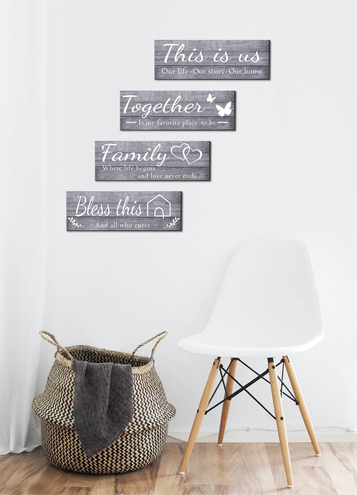 Joyhawk 4 Pieces Wall Decor Signs, THIS IS US, TOGETHER, BLESS THIS HOME, FAMILY Rustic Wooden Farmhouse Wall Art Décor For Living Room Bedroom Kitchen, , 4.7 x 13.8 Inch(Grey)