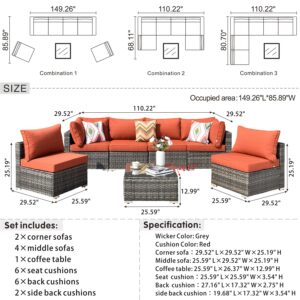 XIZZI 7 Pieces Patio Wicker Furniture Set with Sectional Sofa, Weather Resistant Outdoor Seating with Glass Coffee Table for Garden,Backyard,Deck (Orange Red)