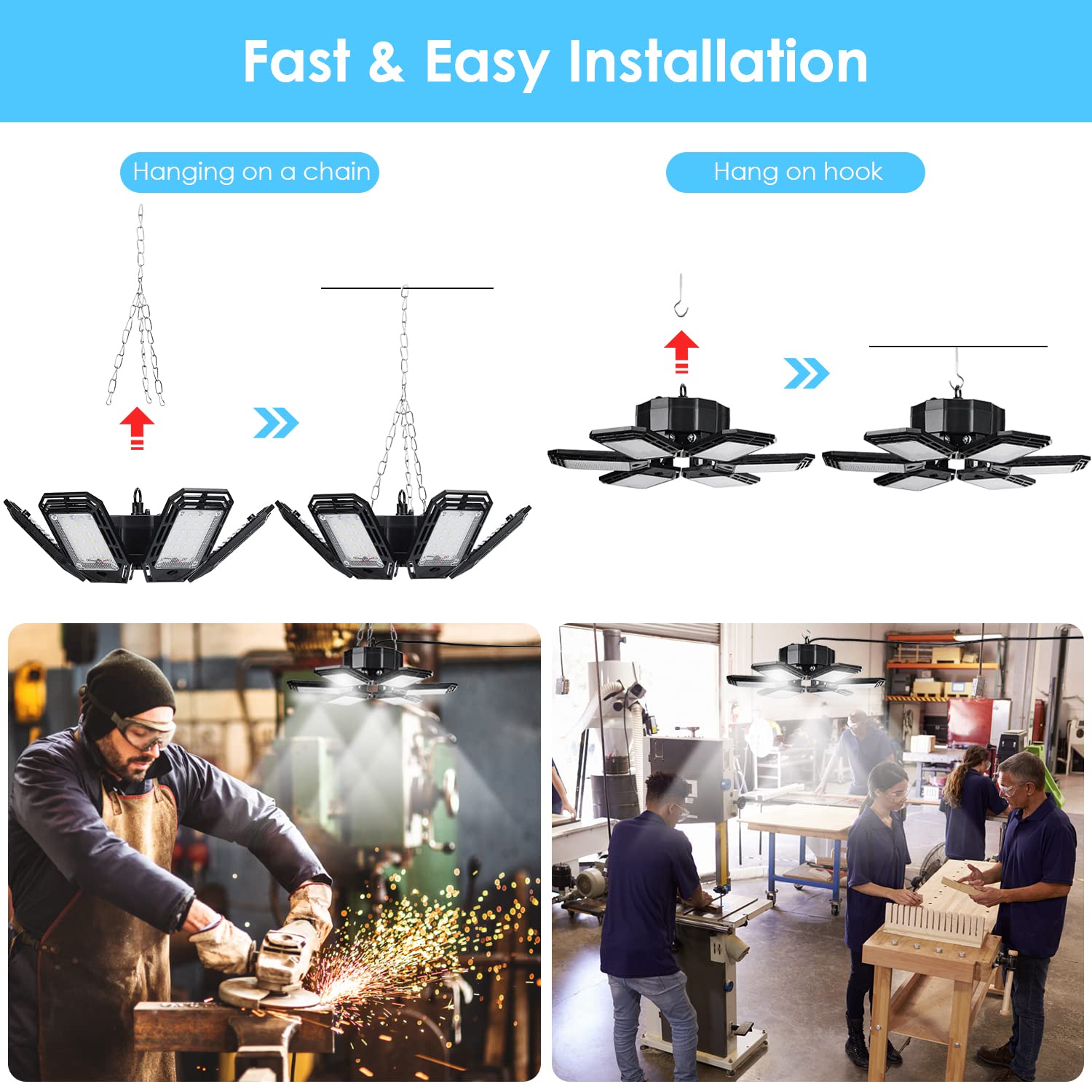 KASLIGHT LED Garage Light, 160W, 6 Adjustable LED Panel Heads, 180 Coverage, Energy Saving, Black