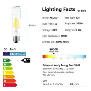 ASOKO T10 Bulbs Daylight White 6W, Dimmable T10 Edison Bulb 60 watts 4000K, E26 Base LED Tubular Light Bulbs, Tube Vintage LED Edison Bulb for Desk Lamp, Pendant Lights, Home (6 Pack)