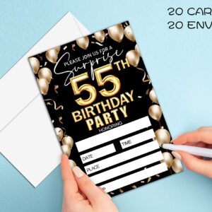 Keydaat 55th Birthday Invitation - Black And Gold Birthday Invite - Birthday Invite Ideas For Adult Woman and Man - 20 Fill-in Invitation Cards With 20 Envelopes -TH010