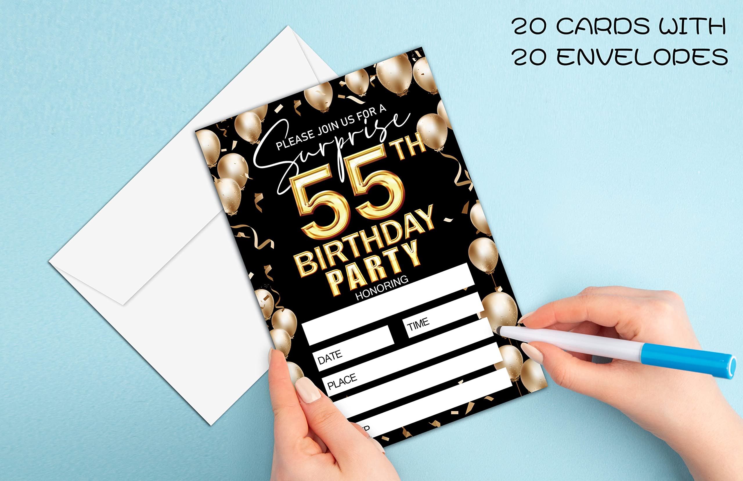 Keydaat 55th Birthday Invitation - Black And Gold Birthday Invite - Birthday Invite Ideas For Adult Woman and Man - 20 Fill-in Invitation Cards With 20 Envelopes -TH010