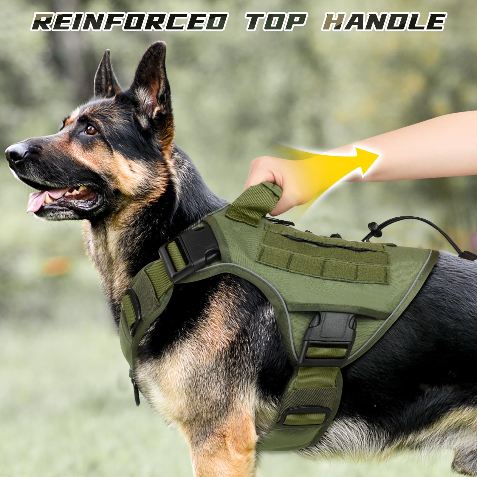 WINGOIN Tactical Dog Harness for Large Dogs, Heavy Duty No Pull Dog Harness with Handle, Adjustable Reflective Military K9 German Shepherd Big Size Dog Vest for Training, Walking, Hiking, Green (L)