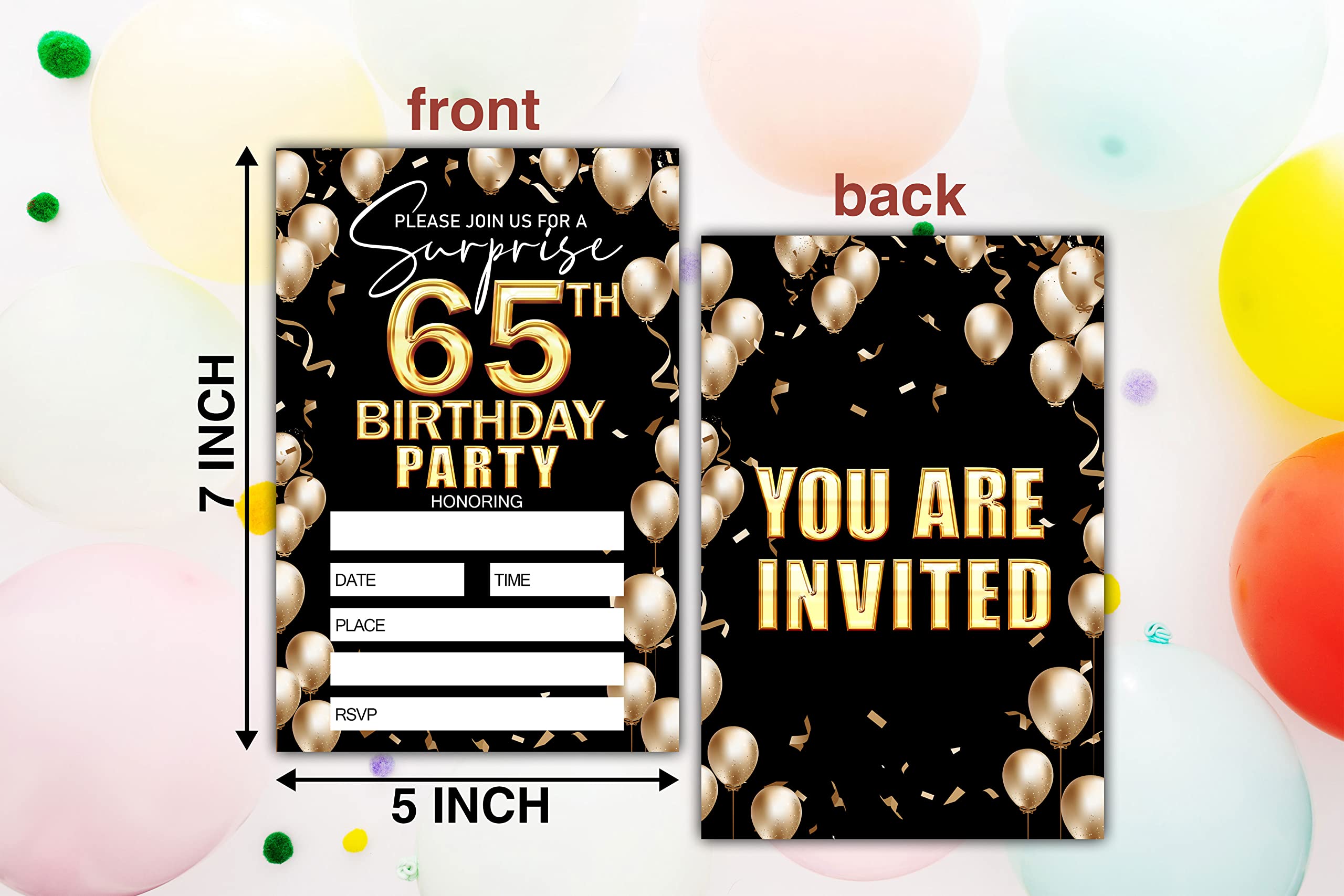 Keydaat 65th Birthday Invitation - Black And Gold Birthday Invite - Birthday Invite Ideas For Adult Woman and Man - 20 Fill-in Invitation Cards With 20 Envelopes -TH012