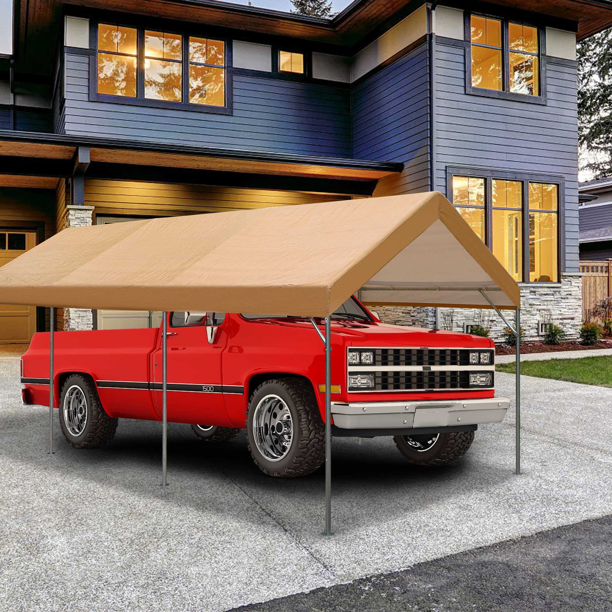 PHI VILLA 10x20 ft Heavy Duty Carport Car Canopy Garage Boat Shelter Party Tent（ith 4 Sand Bag）,Beige