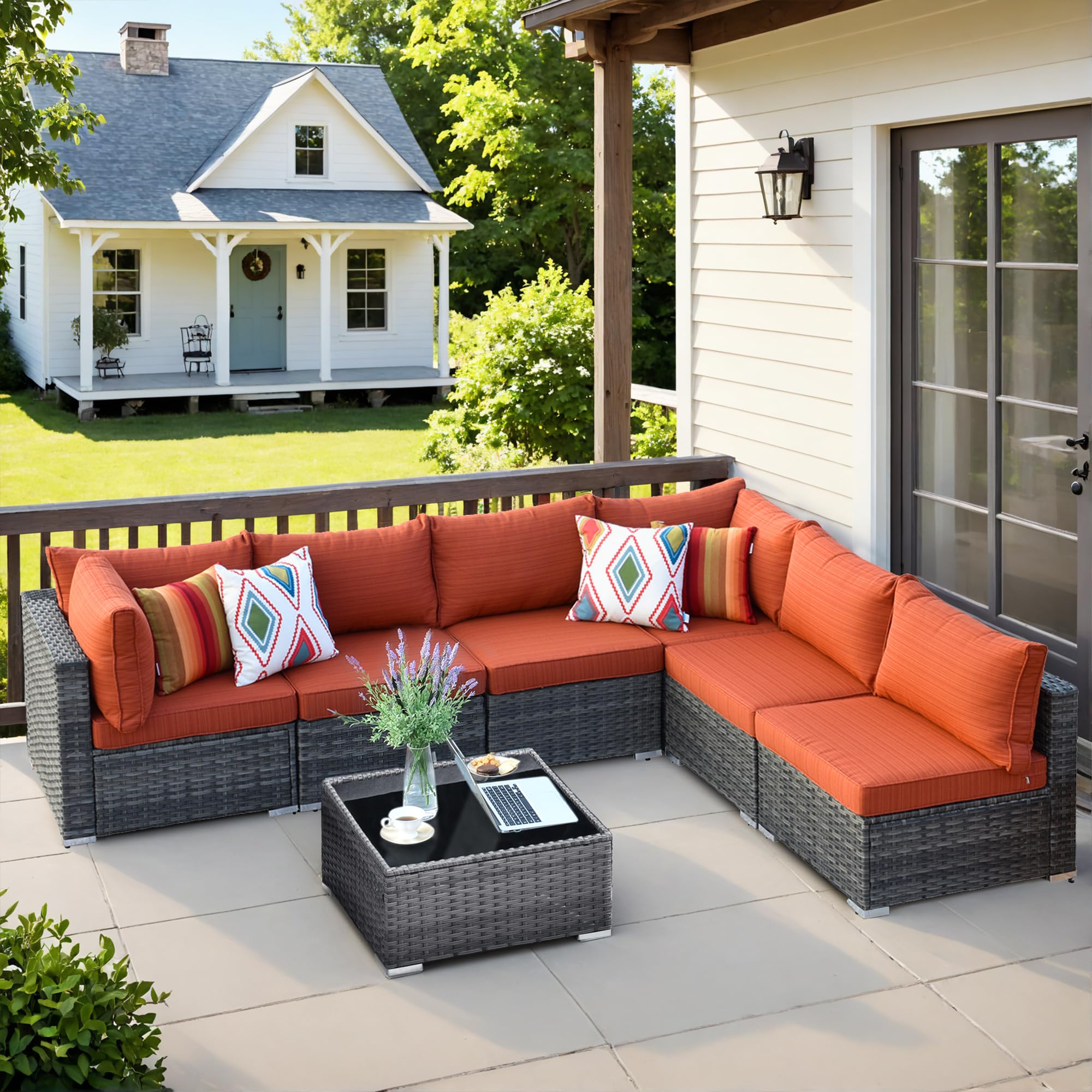 XIZZI 7 Pieces Patio Wicker Furniture Set with Sectional Sofa, Weather Resistant Outdoor Seating with Glass Coffee Table for Garden,Backyard,Deck (Orange Red)