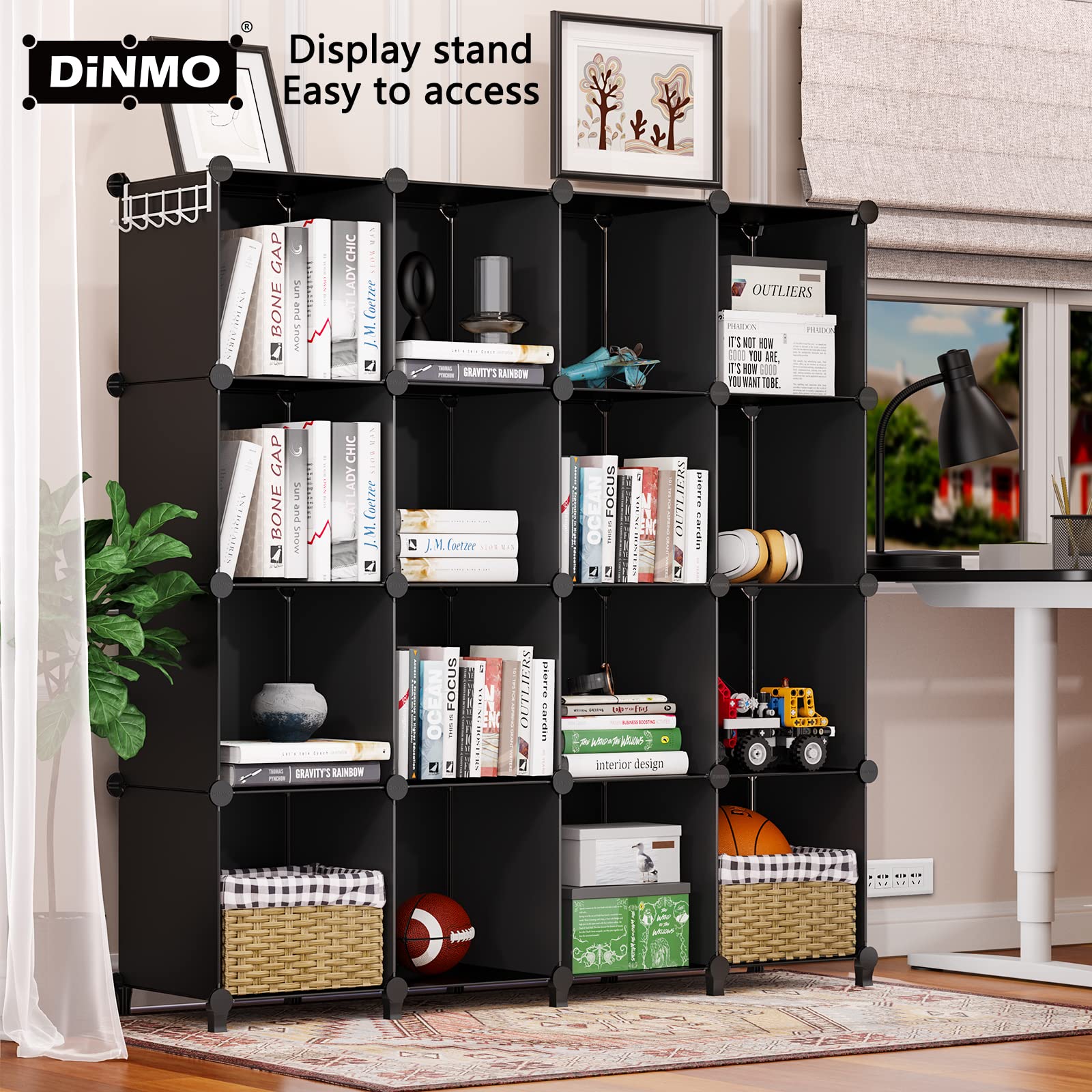 DINMO 16 Cubes Storage Organizer, Bookcase, Display Shelf with Wooden Mallet, Cabinet Storage for Kids, Adult, Office, Bedroom, Bathroom, Black