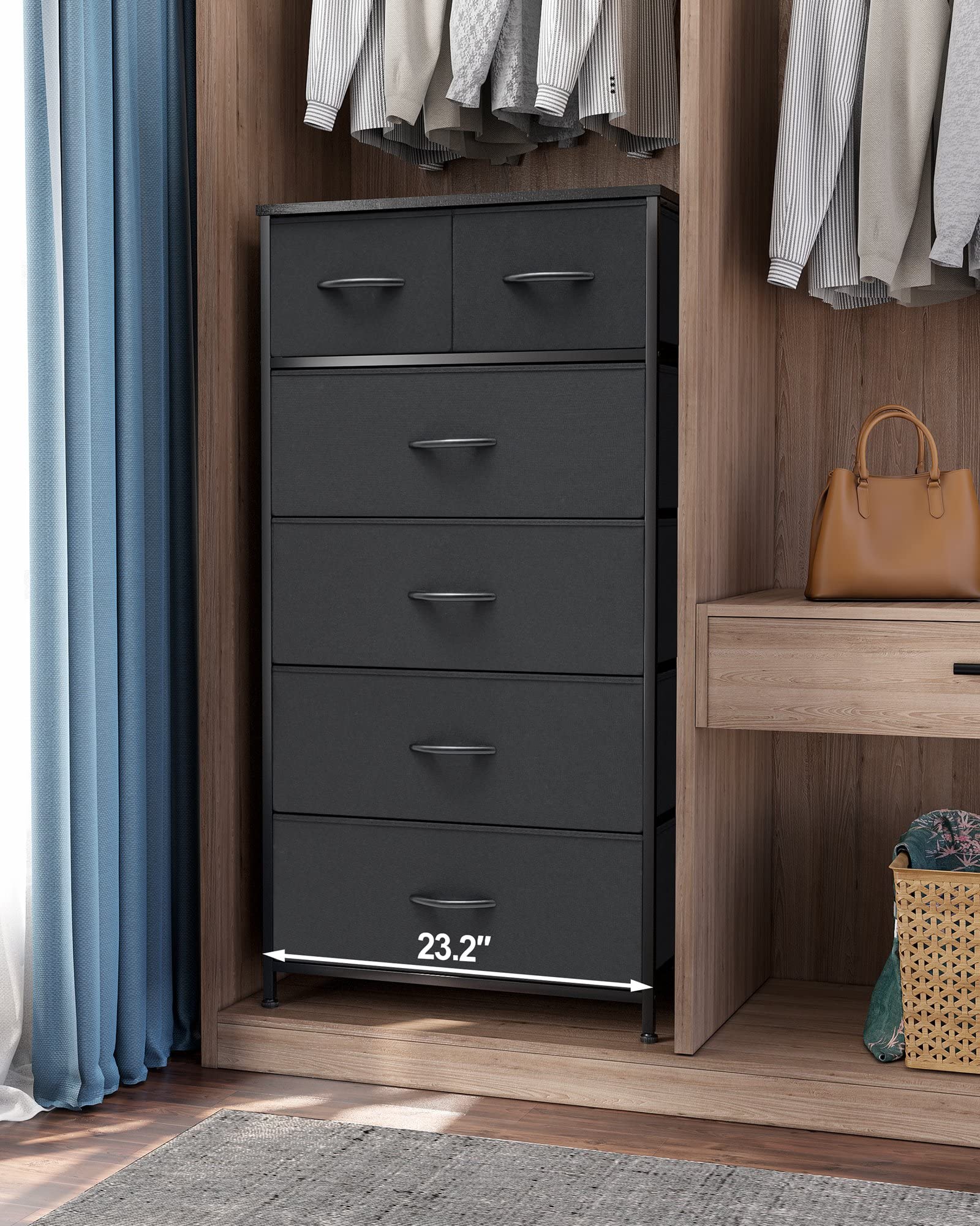 Crestlive Products Vertical Dresser Storage Tower - Sturdy Steel Frame, Wood Top, Easy Pull Fabric Bins - Organizer Unit for Bedroom, Entryway, Closets - 6 Drawers (Black)