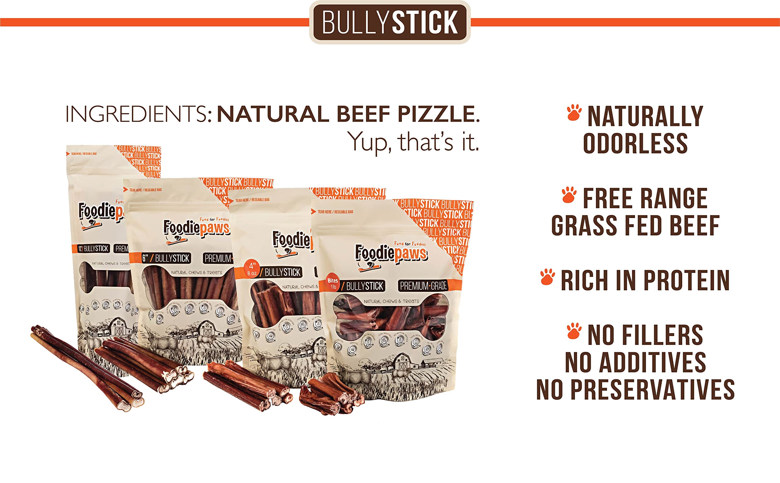 FOODIEPAWS All Natural 6-inch Jumbo Bully Sticks Odor Free USA Packed for Medium, Large Dogs- 100% Free-Range Grass-Fed Beef-Single Ingredient & Rawhide Free-Longer Lasting Dental Dog Chews 10 Pcs