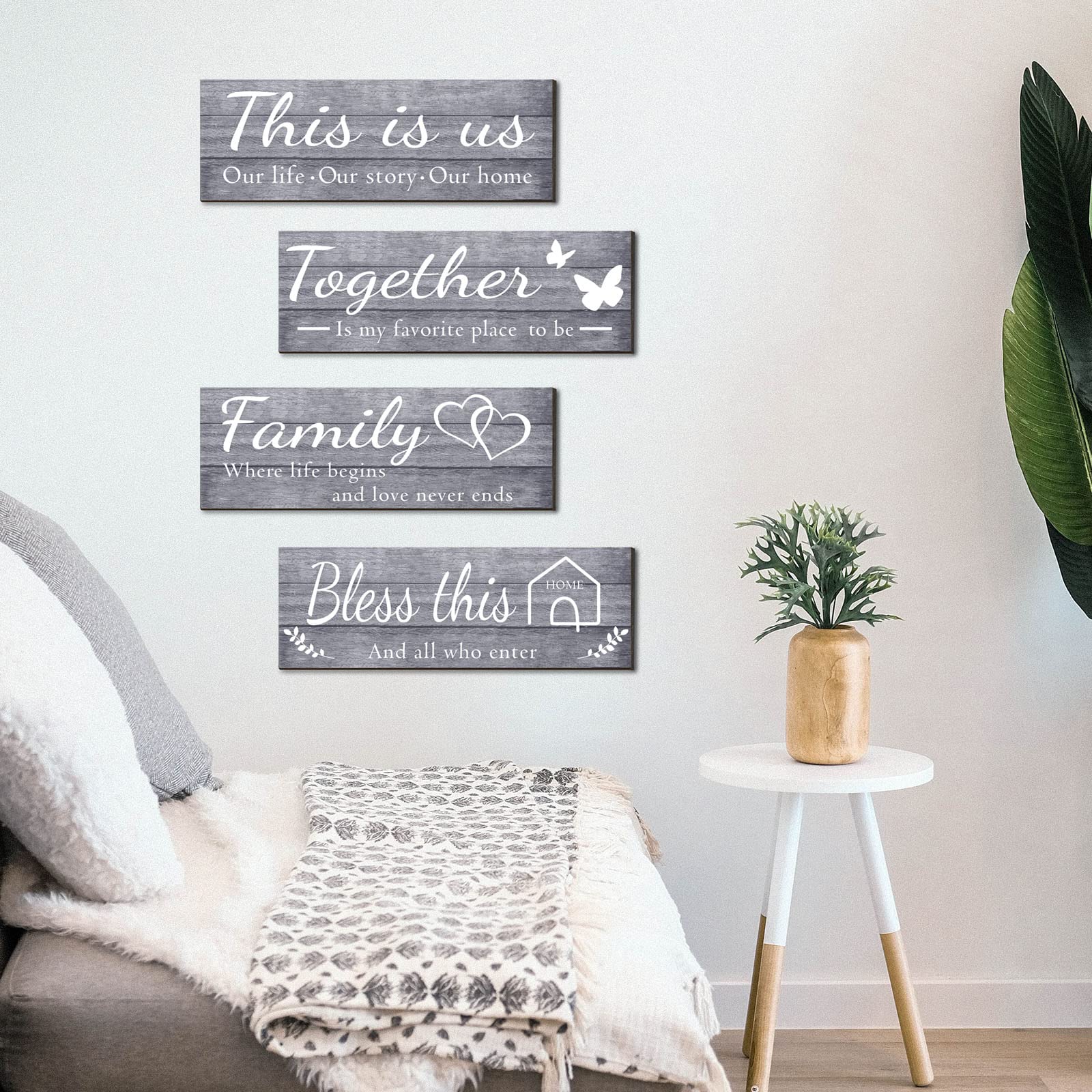 Joyhawk 4 Pieces Wall Decor Signs, THIS IS US, TOGETHER, BLESS THIS HOME, FAMILY Rustic Wooden Farmhouse Wall Art Décor For Living Room Bedroom Kitchen, , 4.7 x 13.8 Inch(Grey)