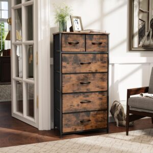 VredHom Fabric Dresser for Bedroom, Tall Skinny Dresser with 6 Drawers, Storage Organizer Tower, Steel Frame Wooden Top for Closet, Living Room, Hallway(Rustic Brown)