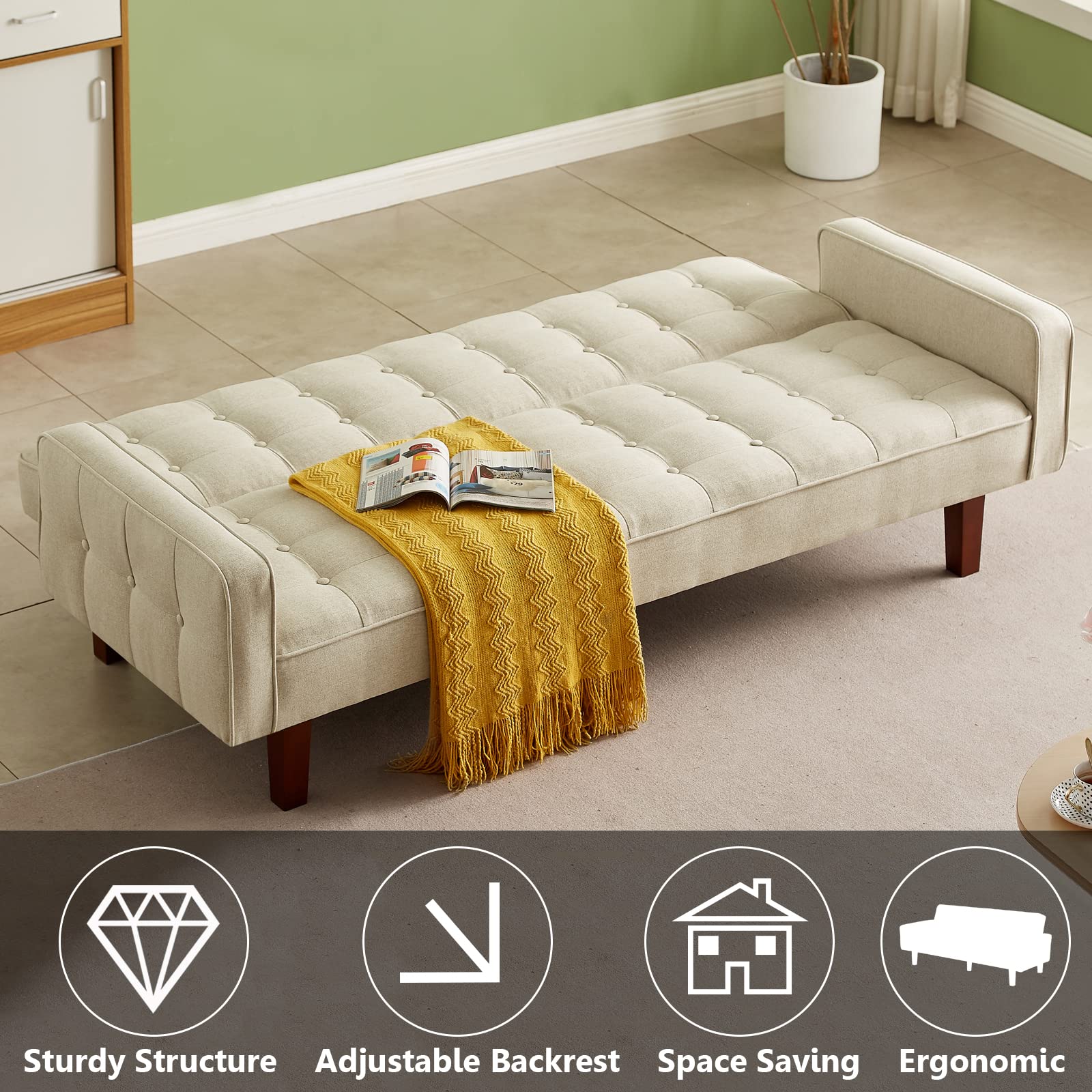 Betoko Linen Futon Sofa Couch 73.6" Fabric Upholstered Convertible Sofa Bed Minimalist Button Tufted Small 3 Seater Sleeper Futon Couch Set for Living Room Bedroom (Beige)