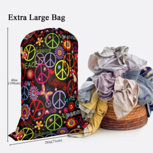 Swono Hippie Peace Symbol XL Laundry Bags, Drawstring Closure Dirty Clothes Bag Organizer, Heavy Duty Laundry Bag, Mushrooms Paisley Flowers Bags for Camp Travel, Machine Washable 28"x40", Colorful