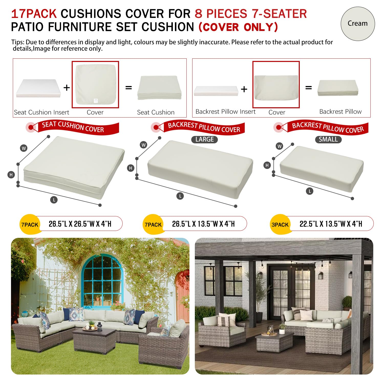 ClawsCover 17Pack Outdoor Seat Cushions Back Pillows Replacement Covers Fit for 8 Pieces 7-Seater Wicker Rattan Patio Furniture Set Sectional Couch Chairs, Cream-Include Cover Only