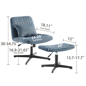 Art Leon Desk Chair No Wheels - with Ottoman and Lumbar Pillow, Armless Office Chair No Wheels, Criss Cross Chair, Modern Swivel Height Adjustable Wide Seat Computer Task Vanity Chair, Indigo Linen