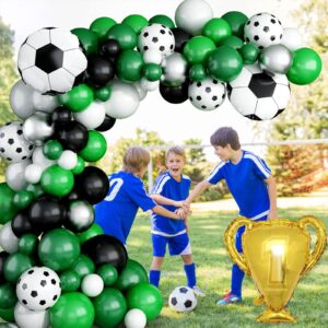 Soccer Balloon Arch Kit Boys, Green Balloon Arch Kit with Football Trophy Balloons Dark Green Black White Latex Balloons Metallic Silver Balloons for Baby Shower Birthday Soccer Party Decorations