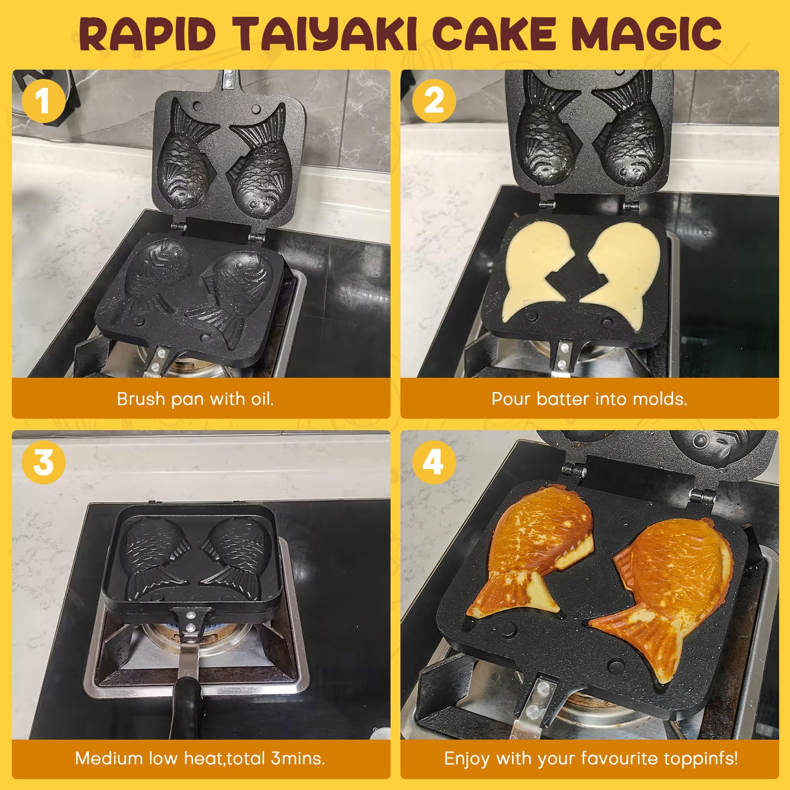 AMGSH Taiyaki Fish Shape Cake Pan Waffle Cake Maker Pan Fish-Shaped Pancake Double Pan Mold for Home Cooking with Silicone Oil Brush