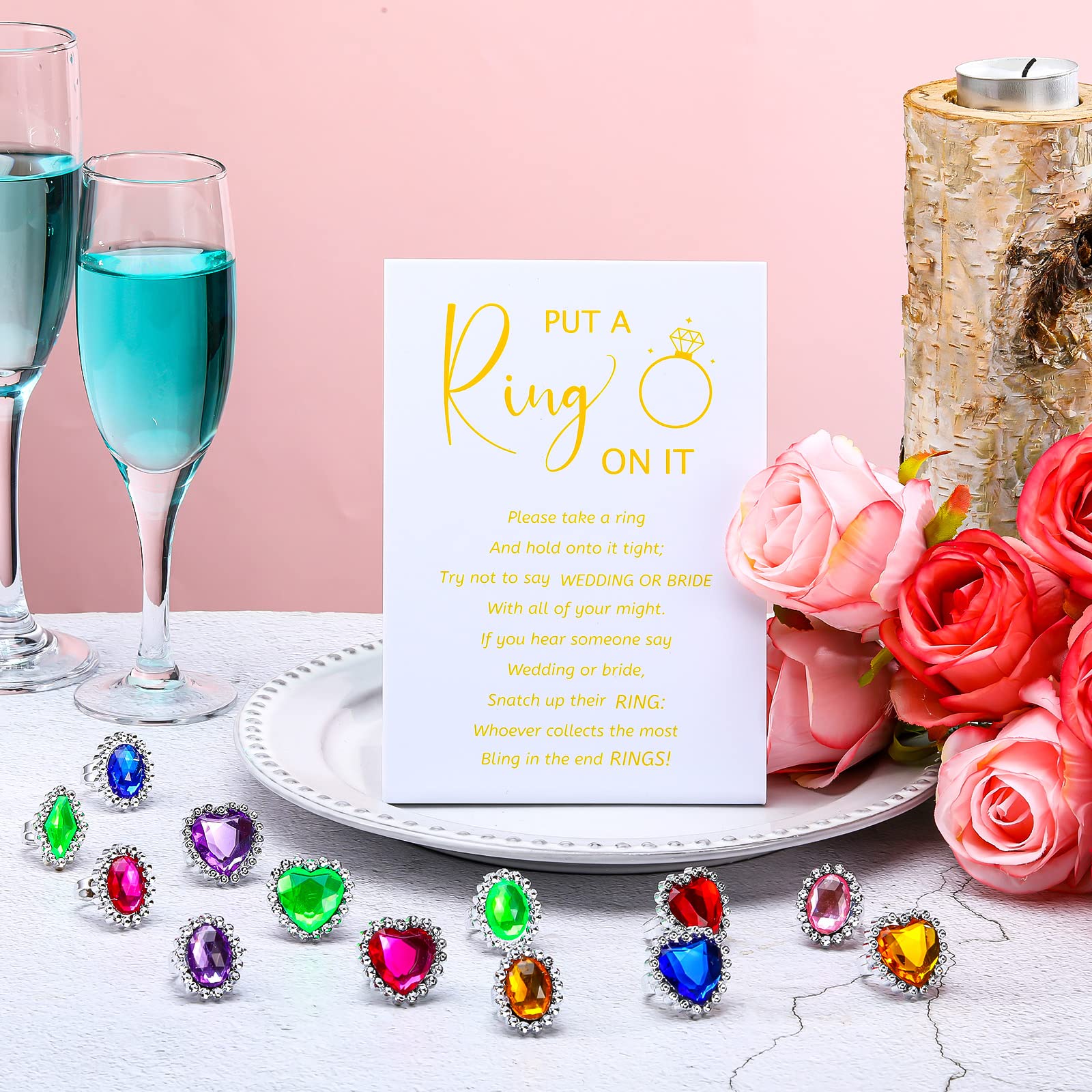 Woanger Put a Ring on It Game with 100 Pcs Fake Rings, Plastic Rings for Bridal Shower Game, Acrylic Sign for Guests Engagement Wedding Decoration