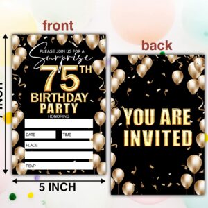 Keydaat 75th Birthday Invitation - Black And Gold Birthday Invite - Birthday Invite Ideas For Adult Woman and Man - 20 Fill-in Invitation Cards With 20 Envelopes -TH014