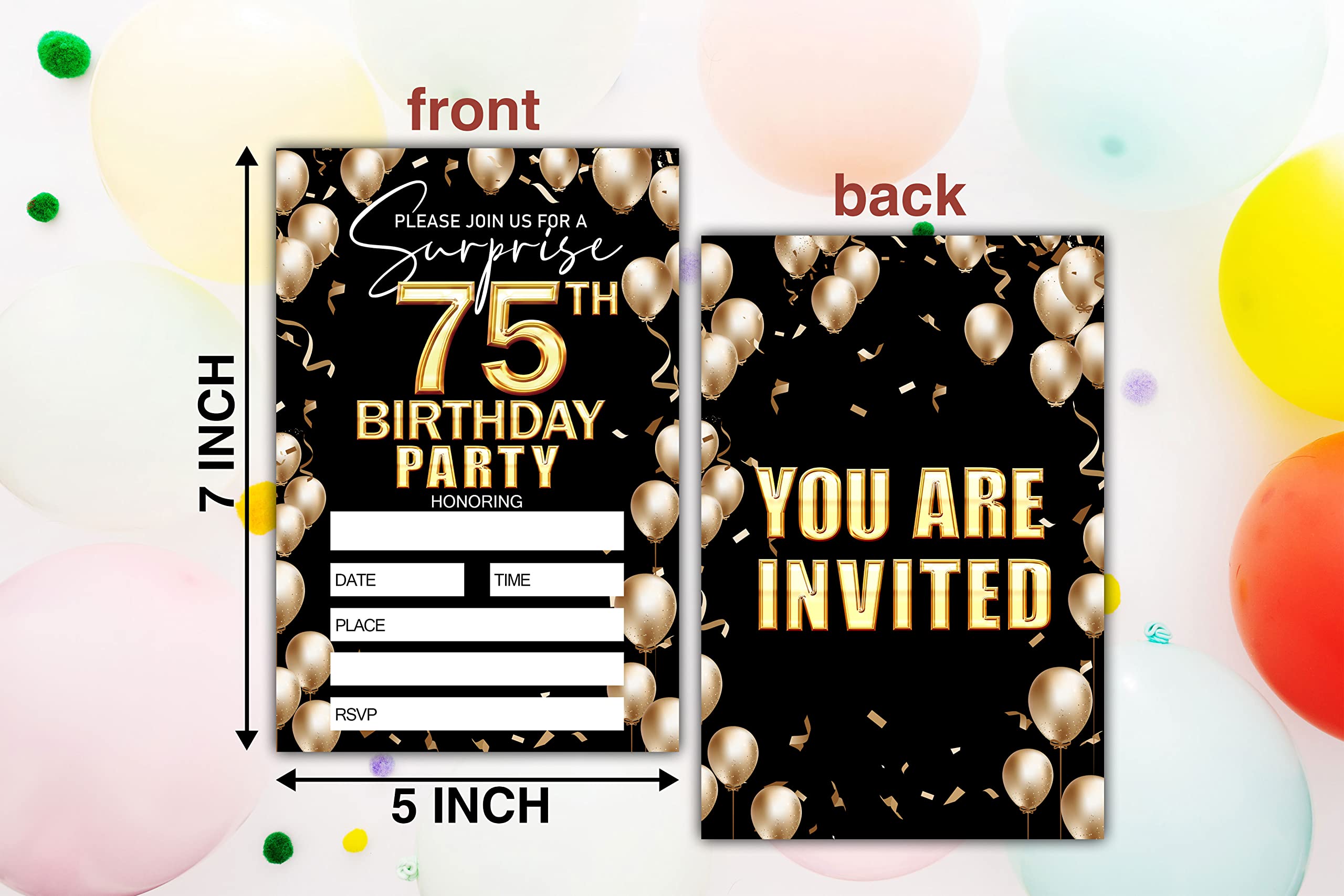 Keydaat 75th Birthday Invitation - Black And Gold Birthday Invite - Birthday Invite Ideas For Adult Woman and Man - 20 Fill-in Invitation Cards With 20 Envelopes -TH014