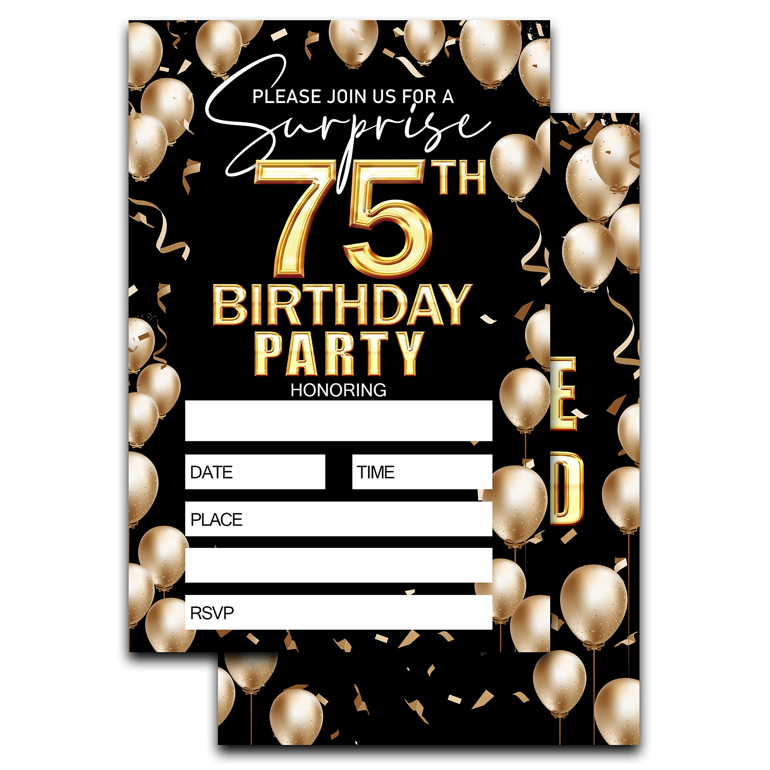 Keydaat 75th Birthday Invitation - Black And Gold Birthday Invite - Birthday Invite Ideas For Adult Woman and Man - 20 Fill-in Invitation Cards With 20 Envelopes -TH014