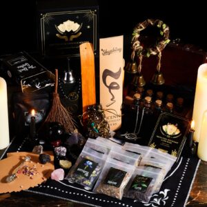 SHYSHINY Wiccan Supplies and Tools for Protection, 127Pack Witchcraft Supplies Witchy Gift for Beginners, Dried Herbs, Crystals, Candles, Witch Starter Spell Kit