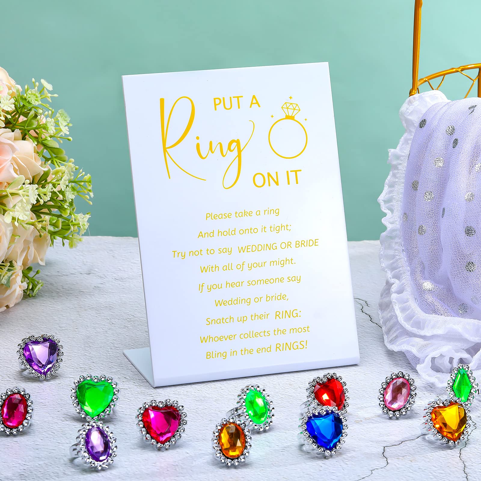 Woanger Put a Ring on It Game with 100 Pcs Fake Rings, Plastic Rings for Bridal Shower Game, Acrylic Sign for Guests Engagement Wedding Decoration