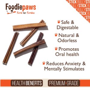 FOODIEPAWS All Natural 6-inch Jumbo Bully Sticks Odor Free USA Packed for Medium, Large Dogs- 100% Free-Range Grass-Fed Beef-Single Ingredient & Rawhide Free-Longer Lasting Dental Dog Chews 10 Pcs