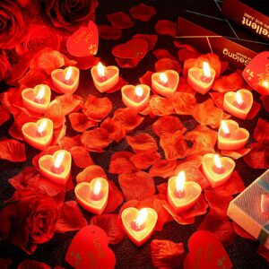 Giegxin 24 Pcs Heart Tealight Candles with 2000 Pcs Rose Petals for Romantic Night for Her Set Red Heart Candles for Valentine's Day Decorations Home Party Gift