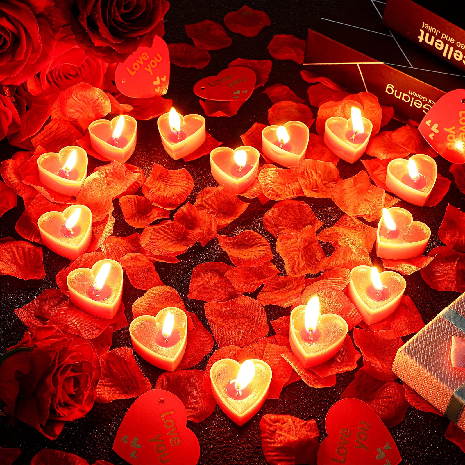 Giegxin 24 Pcs Heart Tealight Candles with 2000 Pcs Rose Petals for Romantic Night for Her Set Red Heart Candles for Valentine's Day Decorations Home Party Gift