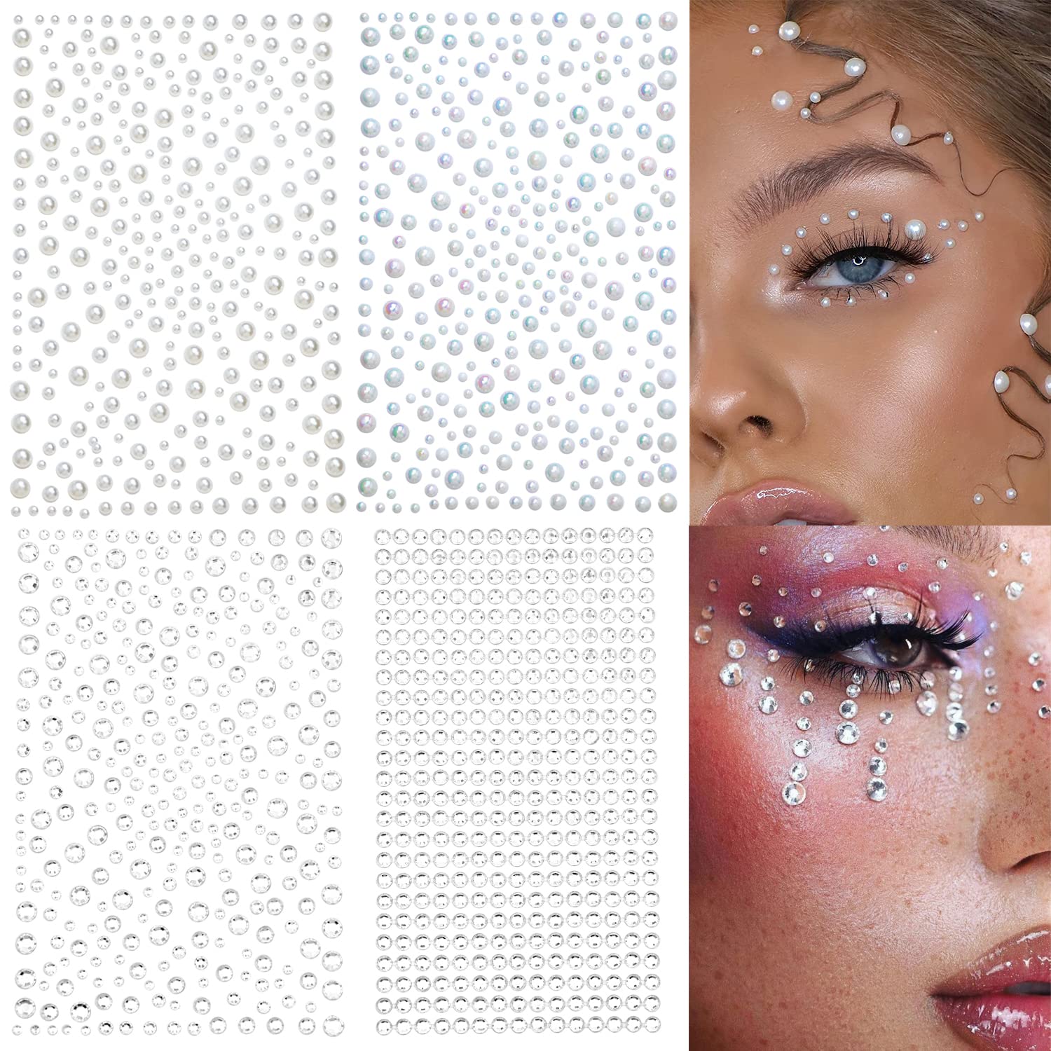 2116 pcs Self Adhesive Rhinestones and Pearls for Makeup Eyes Face 6 Sheets Clear Rhinestones Stickers Pearl Stickers Bling Gems Jewels Stickers for DIY (Sparkling)