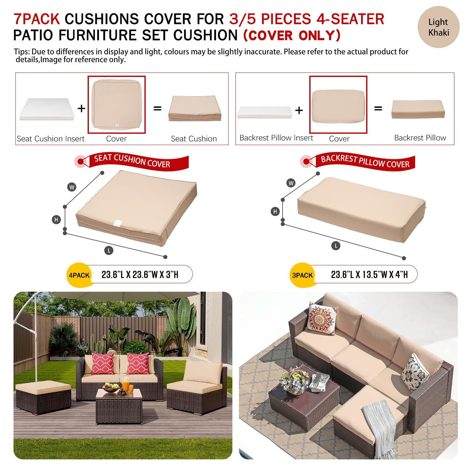 ClawsCover 7Pack Outdoor Seat and Back Cushions Replacement Covers Fit for 3/5 Pieces 4-Seater Wicker Rattan Patio Furniture Conversation Set Sectional Couch,Light Khaki-Small (Include Cover Only)