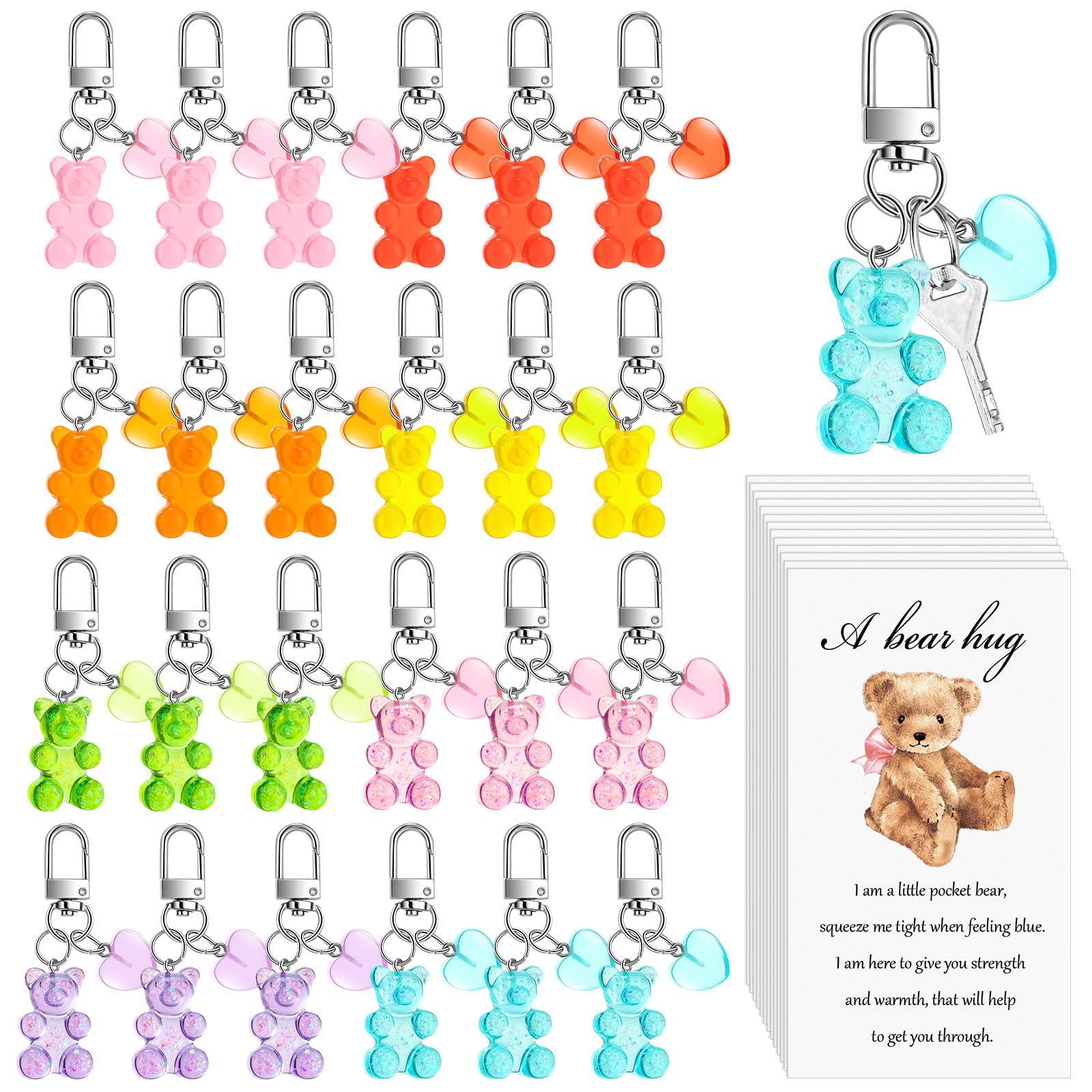 HyDren 24 Sets Cute Bear Keychains Gift Bear Cards Acrylic Bears Keyrings Classroom Gifts for Students Girl Boy Bear Baby Shower Keychains School Inspirational Reward Gift Bear Themed