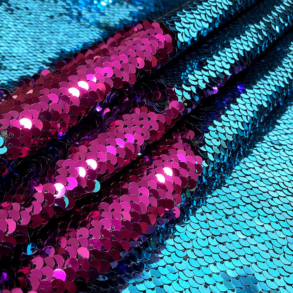 Reversible Sequin Fabric 1 Yard Long Mermaid Fabric by The Yard Turquoise to Hot Pink Two Tone Change Color Fabric Flip Sequins Fabric for Sewing Dress/Cloths/Tablecloth