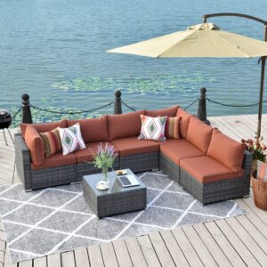 XIZZI 7 Pieces Patio Wicker Furniture Set with Sectional Sofa, Weather Resistant Outdoor Seating with Glass Coffee Table for Garden,Backyard,Deck (Orange Red)