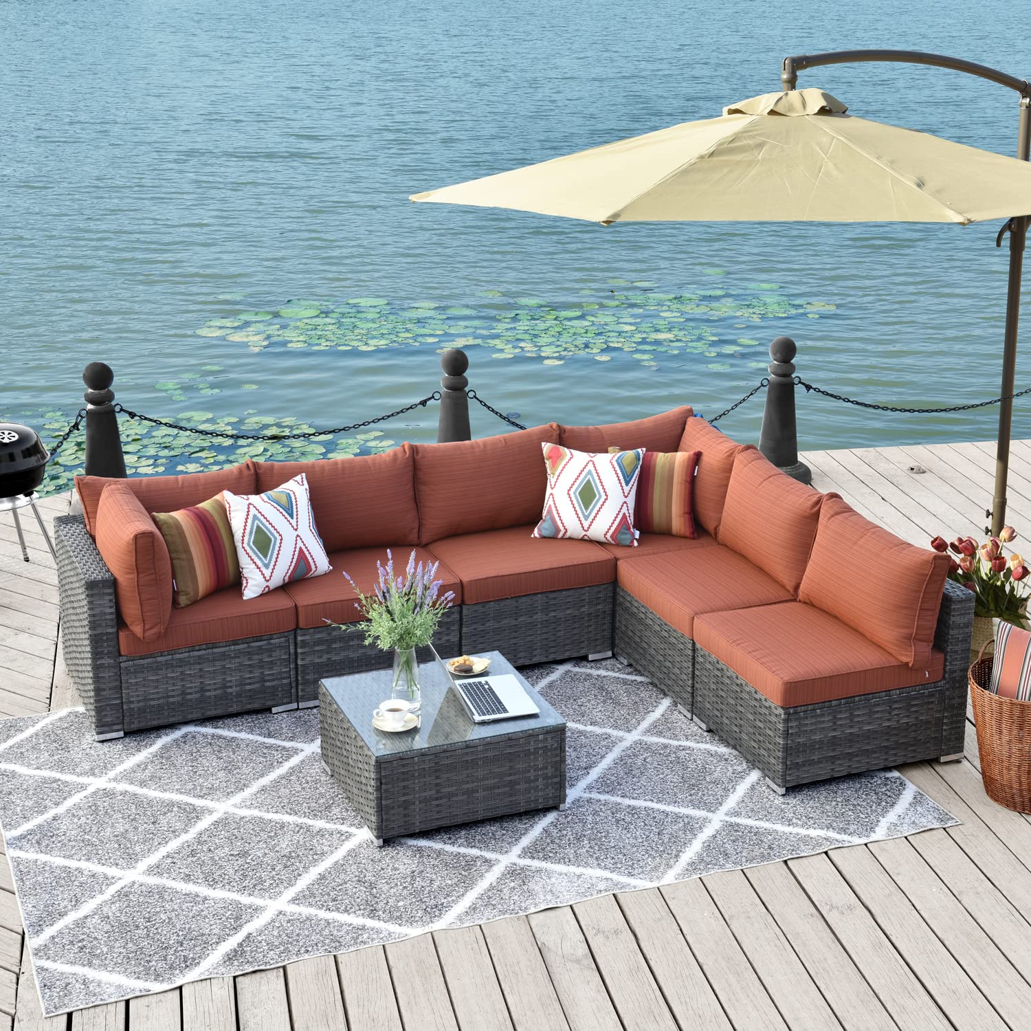 XIZZI 7 Pieces Patio Wicker Furniture Set with Sectional Sofa, Weather Resistant Outdoor Seating with Glass Coffee Table for Garden,Backyard,Deck (Orange Red)