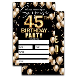 keydaat 45th birthday invitation - black and gold birthday invite - birthday invite ideas for adult woman and man - 20 fill-in invitation cards with 20 envelopes -th008