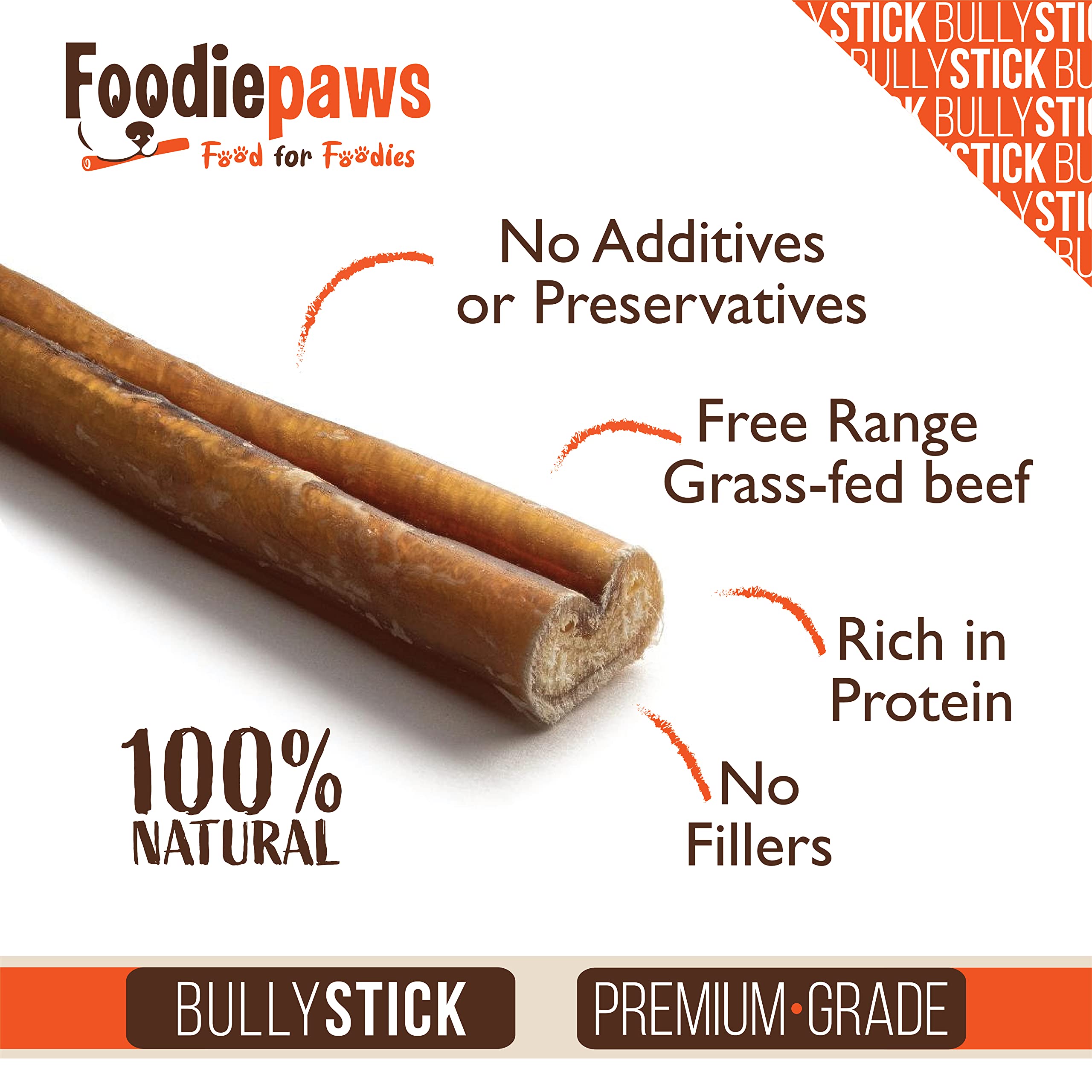 FOODIEPAWS All Natural 6-inch Jumbo Bully Sticks Odor Free USA Packed for Medium, Large Dogs- 100% Free-Range Grass-Fed Beef-Single Ingredient & Rawhide Free-Longer Lasting Dental Dog Chews 10 Pcs