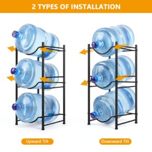 Vrisa Water Cooler Jug Rack Water Bottle Holder 3 Tier Water Bottle Storage 3/5 Gallon Water Cooler Rack Heavy Duty Rack Save Space for Home Office Kitchen, Black