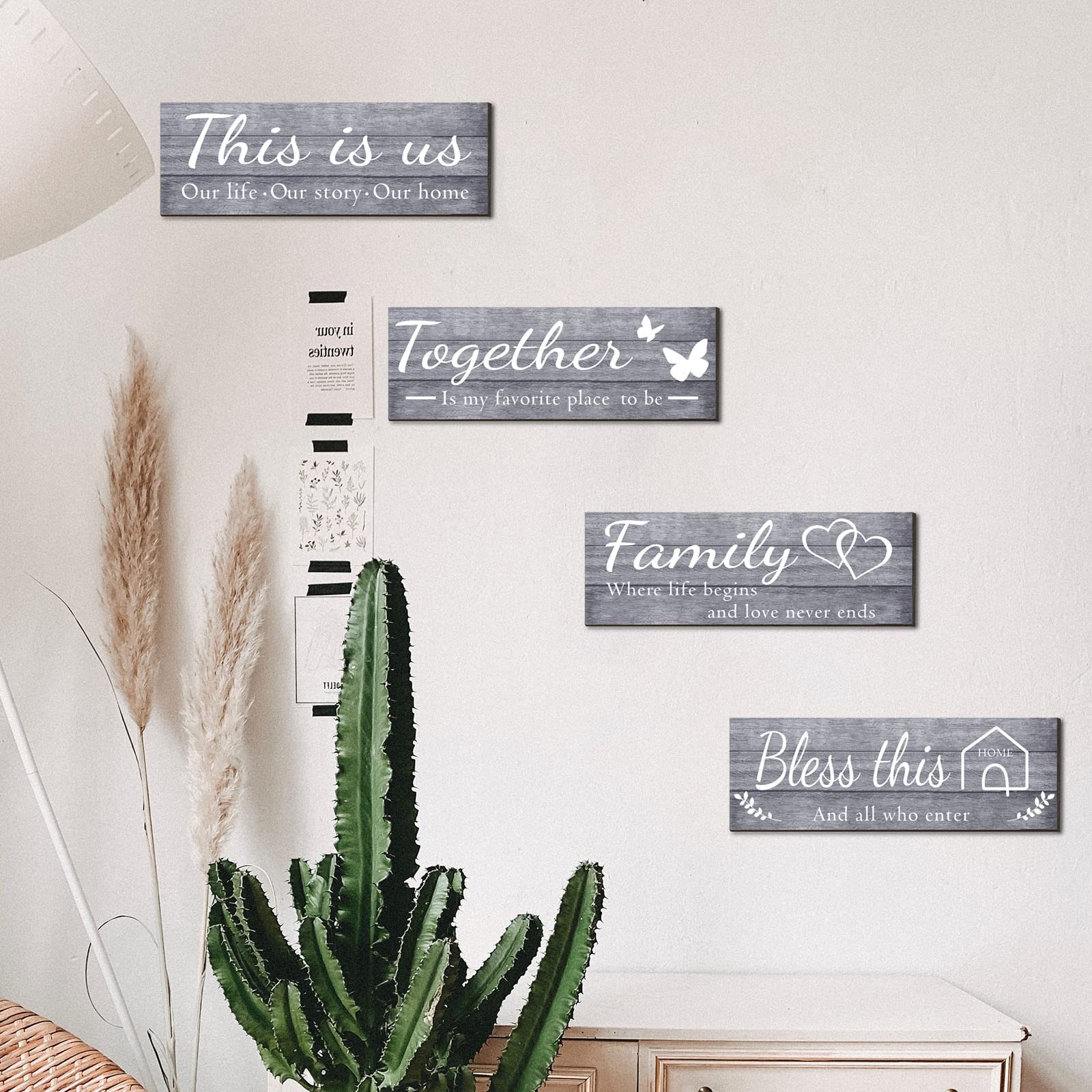 Joyhawk 4 Pieces Wall Decor Signs, THIS IS US, TOGETHER, BLESS THIS HOME, FAMILY Rustic Wooden Farmhouse Wall Art Décor For Living Room Bedroom Kitchen, , 4.7 x 13.8 Inch(Grey)