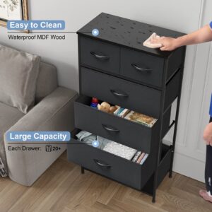 Crestlive Products Vertical Dresser Storage Tower - Sturdy Steel Frame, Wood Top, Easy Pull Fabric Bins - Organizer Unit for Bedroom, Entryway, Closets - 6 Drawers (Black)