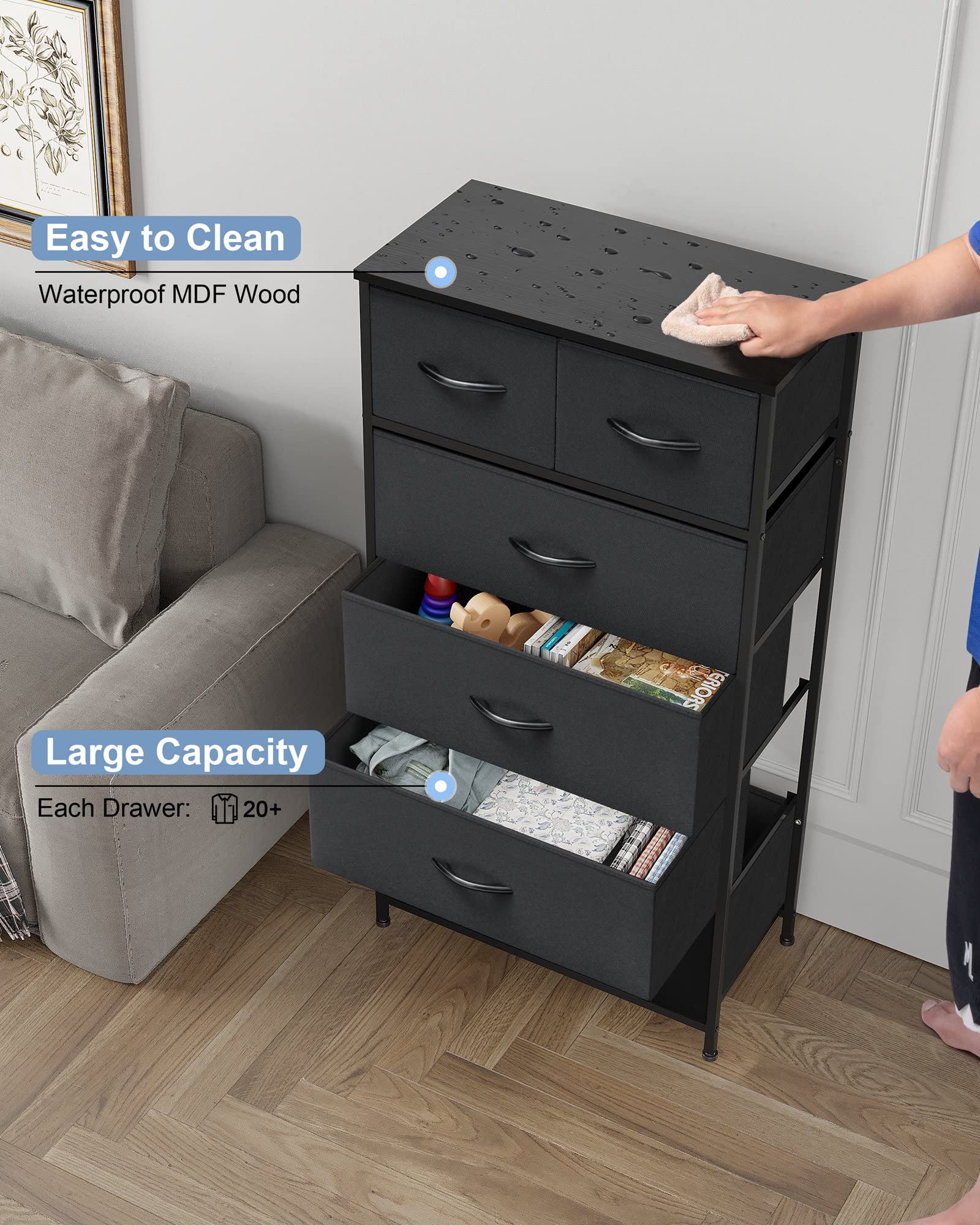 Crestlive Products Vertical Dresser Storage Tower - Sturdy Steel Frame, Wood Top, Easy Pull Fabric Bins - Organizer Unit for Bedroom, Entryway, Closets - 6 Drawers (Black)