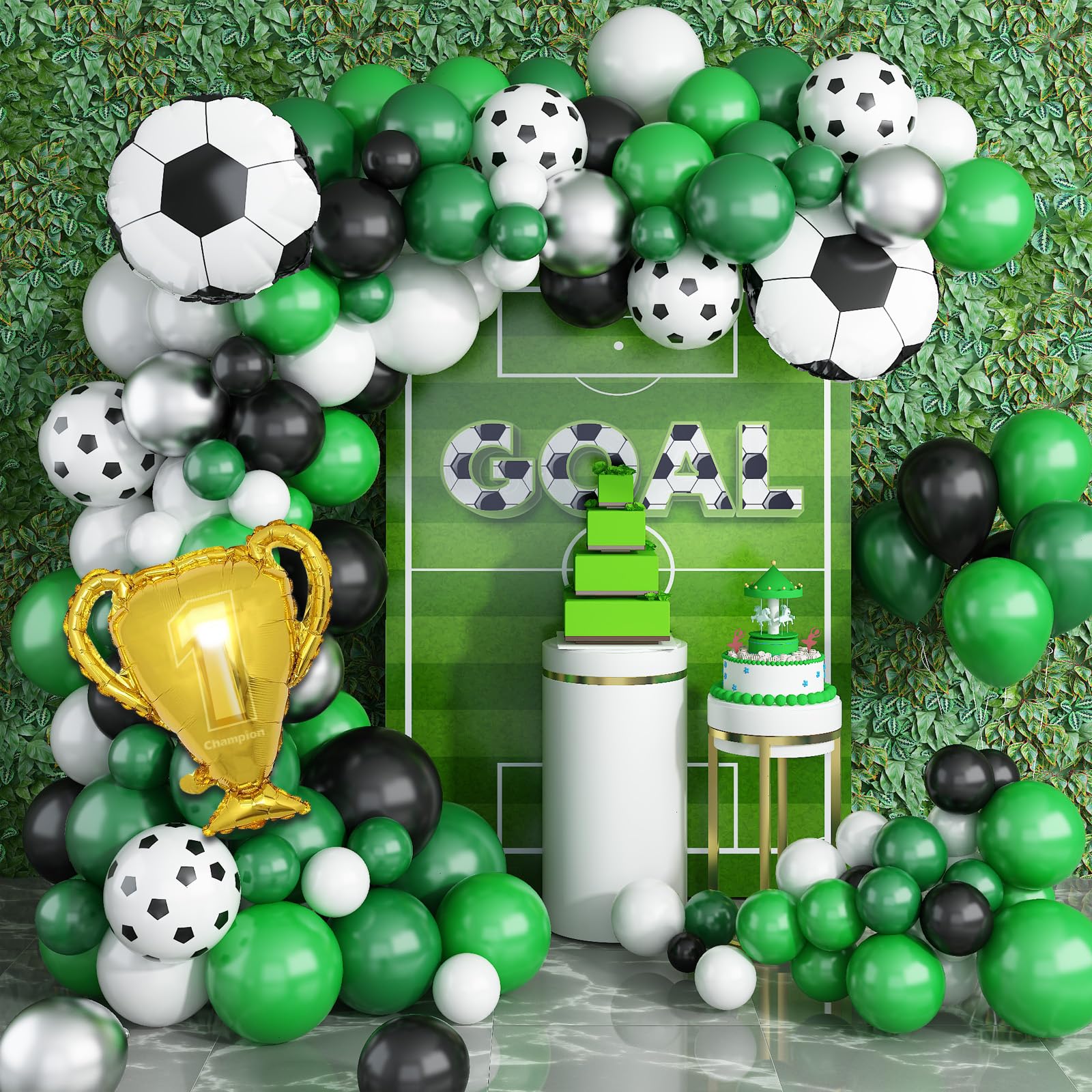 Soccer Balloon Arch Kit Boys, Green Balloon Arch Kit with Football Trophy Balloons Dark Green Black White Latex Balloons Metallic Silver Balloons for Baby Shower Birthday Soccer Party Decorations