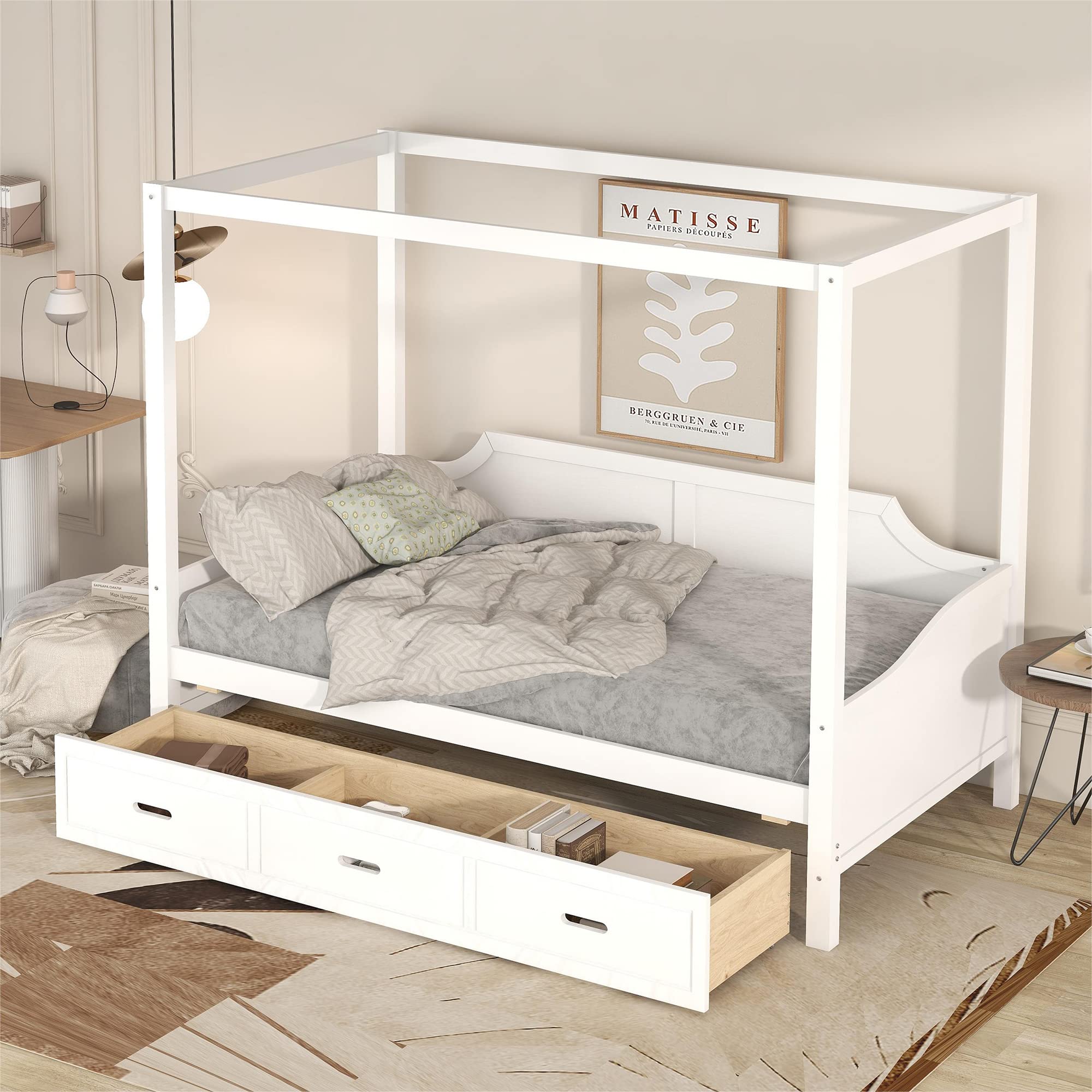 Bellemave Twin Canopy Beds Wood Daybed with Storage Drawer Modern 4-Poster Beds Twin Size for Kids Boys Girls Teens, White